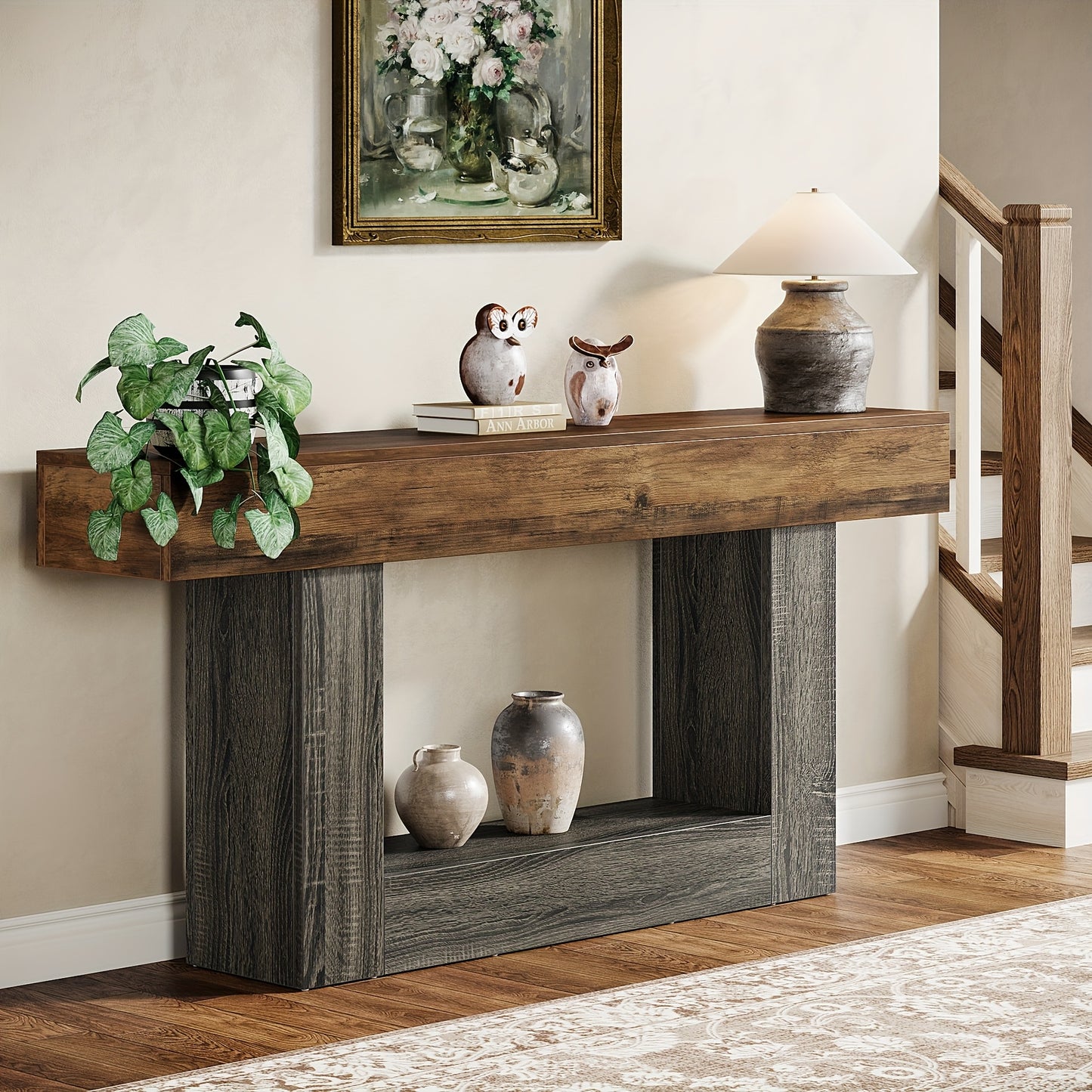 63" Modern Farmhouse Console Table with U-Shaped Base & 2-Tier Shelves - Rustic Brown & Grey Entryway Sofa Table, Engineered Wood/Particle Board, Easy Assembly, Behind Couch Table for Living Room, Hallway, Foyer