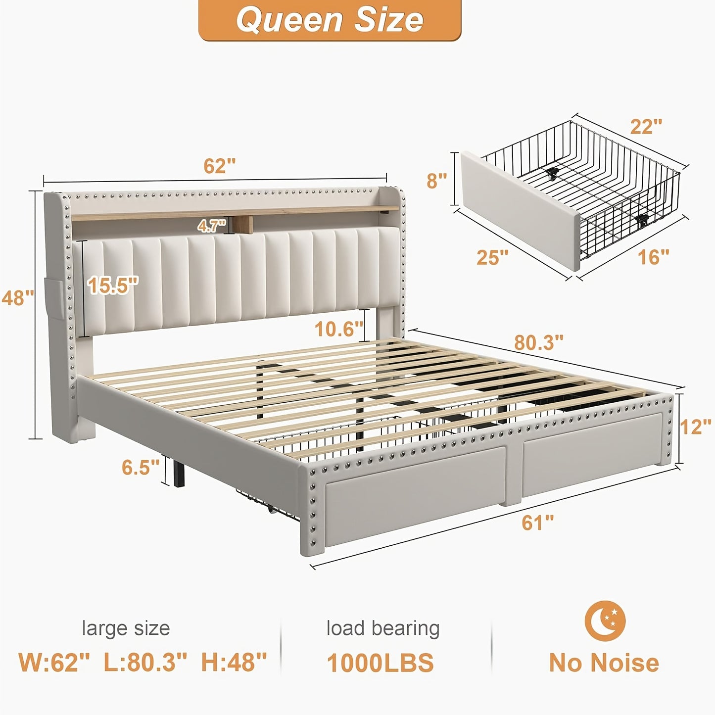Soft Upholstered Bed Frame with 2 Storage Drawers Full/Queen/King Size Low Profile Platform Bed Base, Heavy Duty 1000lbs Steel Frame, No Box Spring Needed for Apartments/Dorms | Easy Assembly (Gray/Beige)
