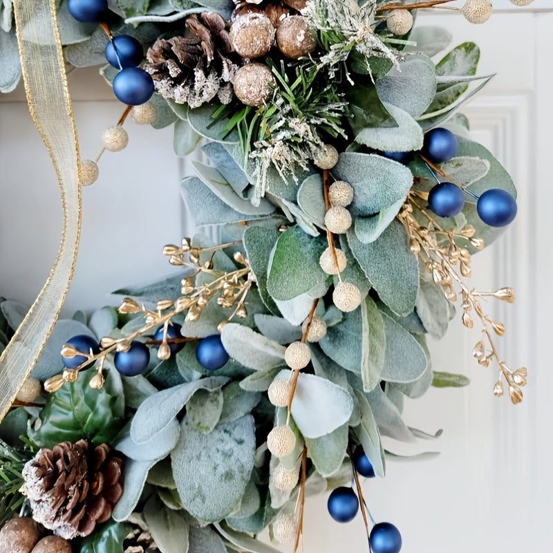 16-Inch Blue Eucalyptus Wreath with Golden Sheep Ears & Pine Cones - Elegant Front Door Decoration, Durable Plastic Faux Foliage for Year-Round Use, Christmas, Halloween, Housewarming Gift - Easy to Hang, No Maintenance Requi