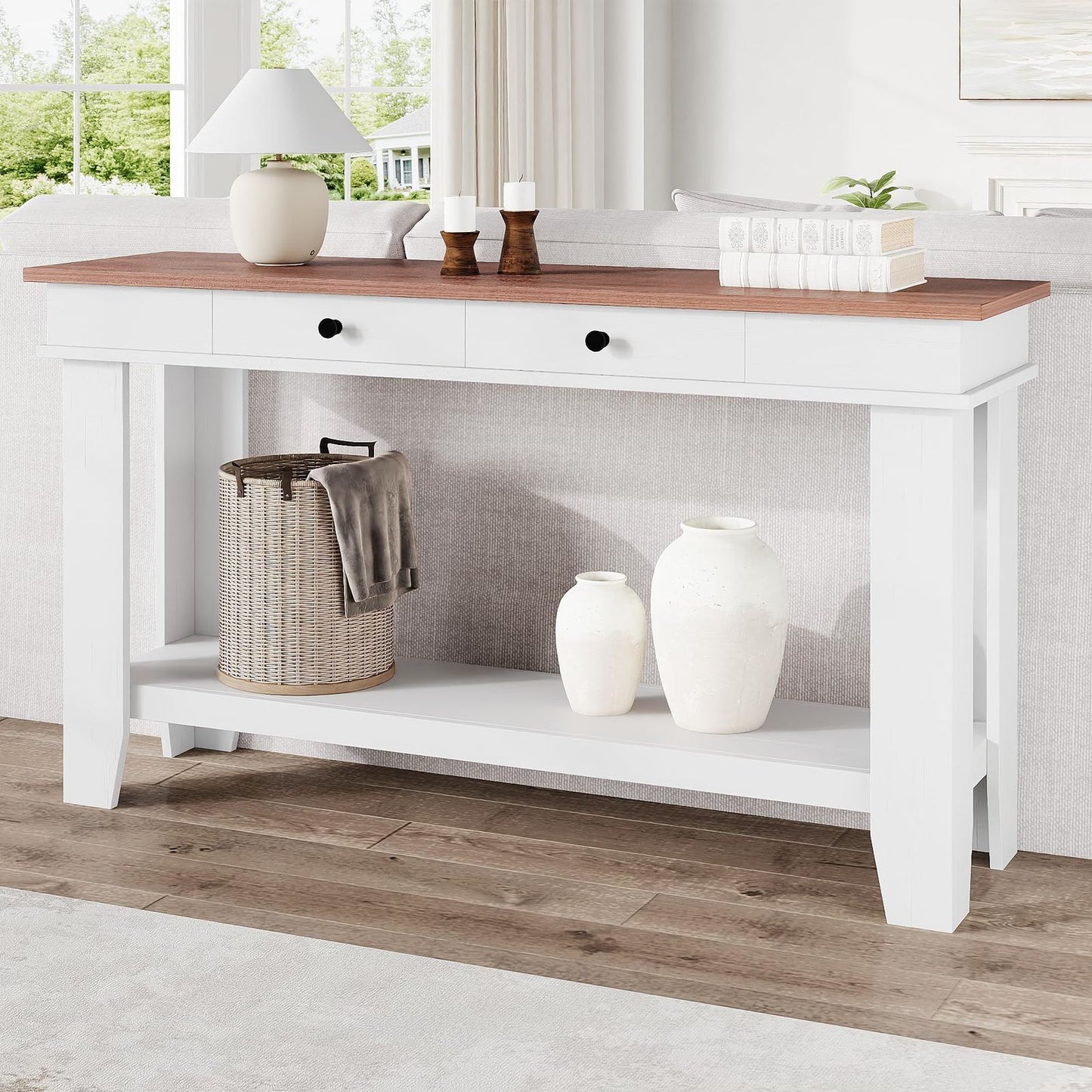 54-Inch Solid/ Console Table with Drawers & Open Shelf - Modern Farmhouse Sofa Table Suitable for Entryway, Hallway, Living Room, Foyer - Sturdy Rectangular Furniture with Ample Storage, Assembly Required for Narrow Spaces