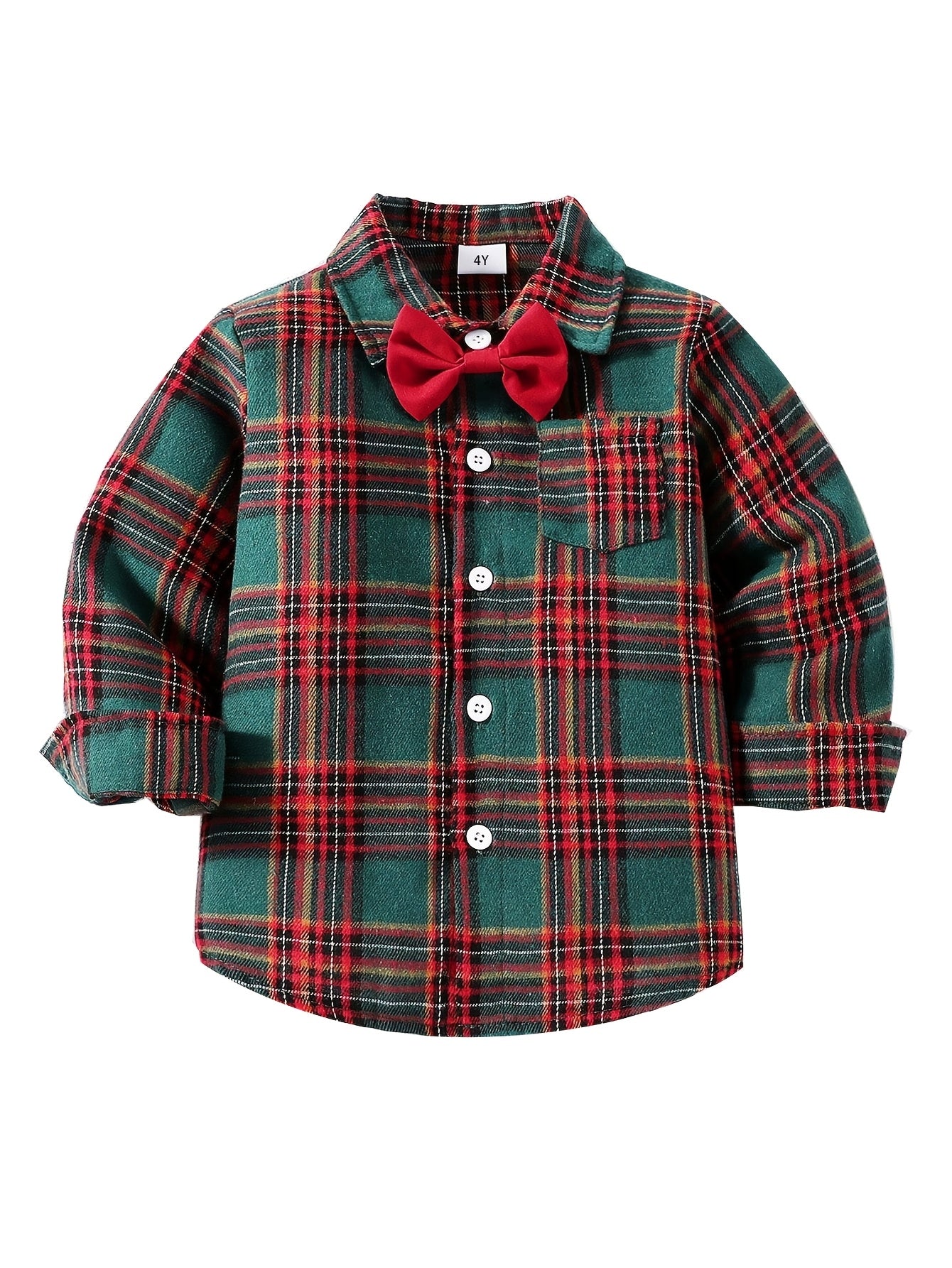 Boys' Party Gentleman Bow Tie Long Sleeve Collared Shirt, Christmas Gift, Plaid Dress Shirt Suitable for Autumn and Winter