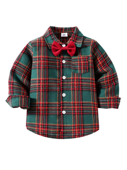 Boys' Party Gentleman Bow Tie Long Sleeve Collared Shirt, Christmas Gift, Plaid Dress Shirt Suitable for Autumn and Winter