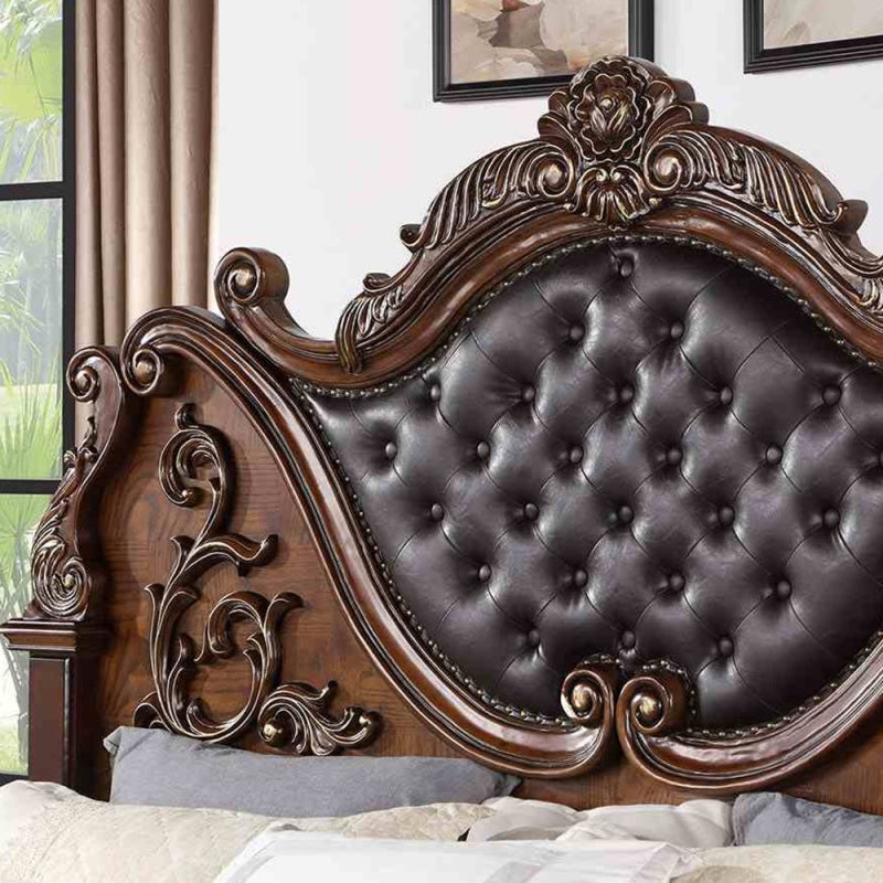 Luxurious Brown Cherry Traditional Queen Size Bed Tufted Leatherette HB FB 1pc Bed Bedroom Furniture Wooden