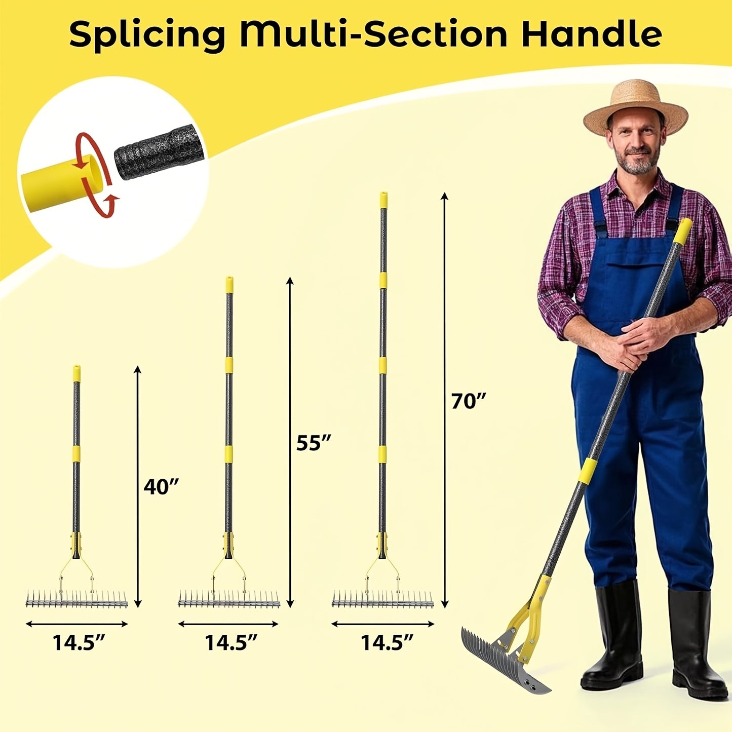 69" Heavy-Duty Metal Garden Thatch Rake with 15" Wide 19 Teeth - Professional Grade Thatching Rake for Lawn Care, Soil Loosening, Mulching