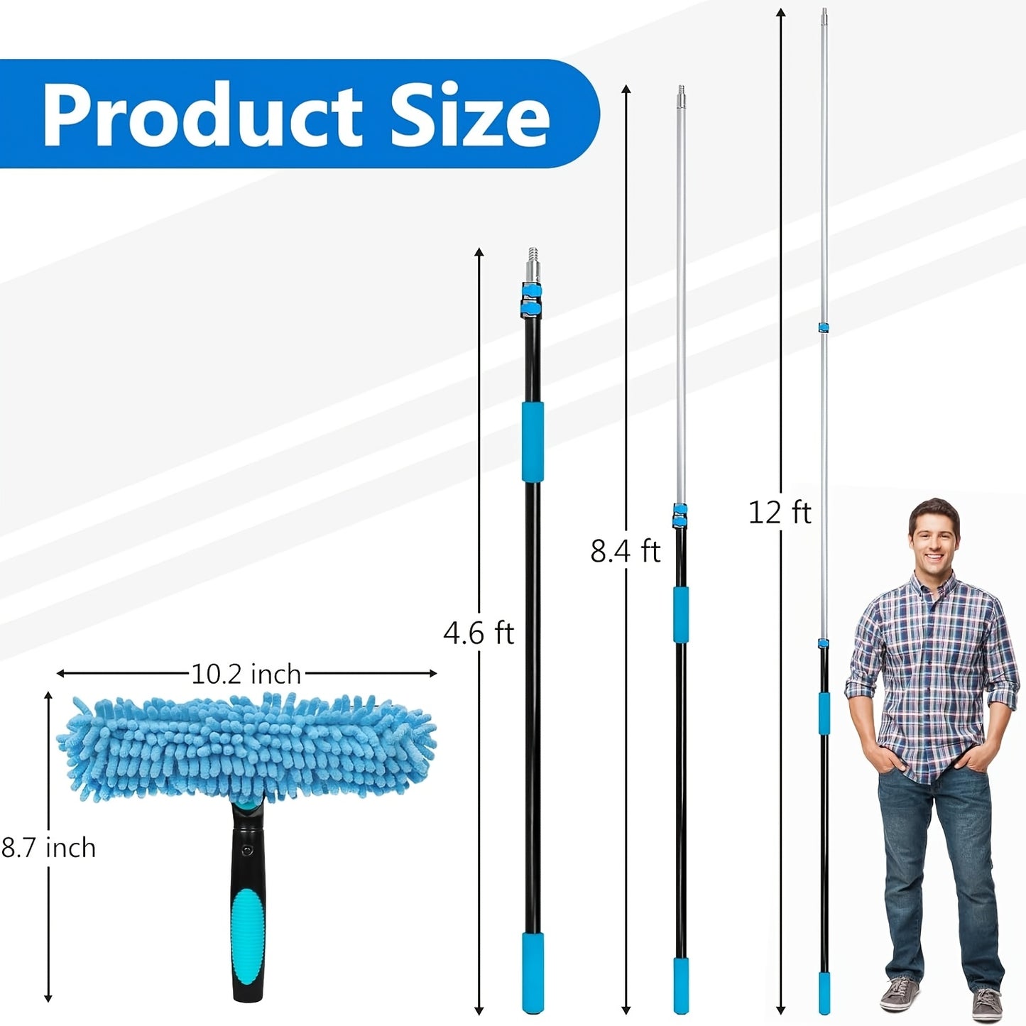 Professional-Grade Adjustable 5-12ft Window Washing Kit with Telescopic Pole & Heavy-Duty Alloy High Reach Window Cleaner Tool - 2-in-1 Squeegee for Indoor/Outdoor Use, for, Commercial & Multi- (Available 365 Days)