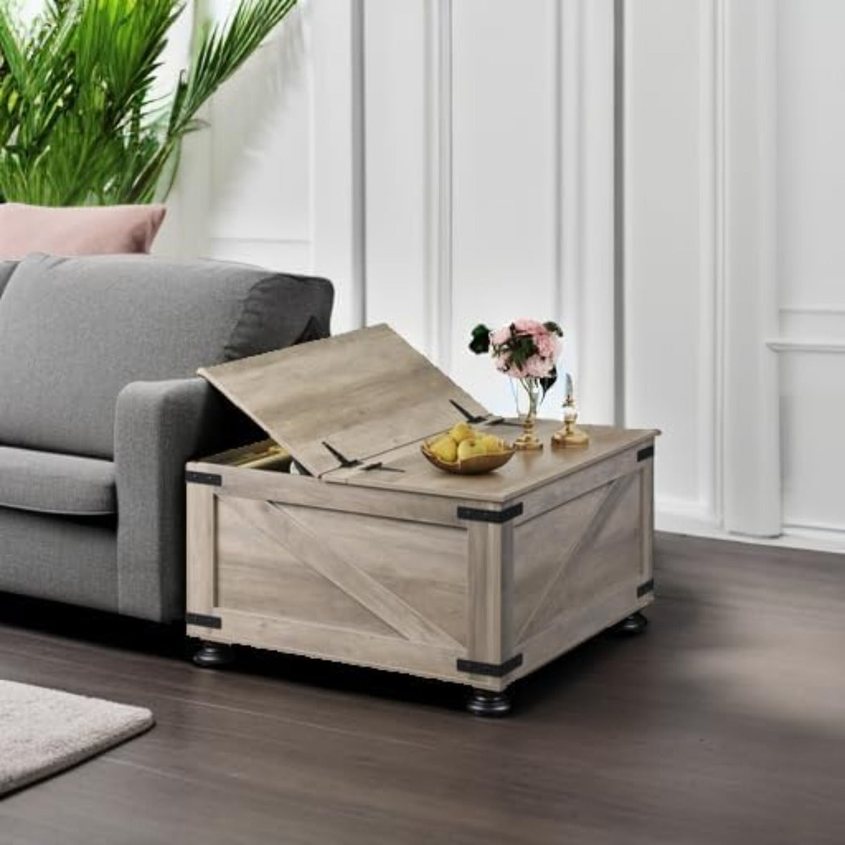 Farmhouse End Tables, 31.5" Square Wood Center End Table with Flip-Top Lids And Large Hidden Storage Compartment Accent Furniture for Dining Room