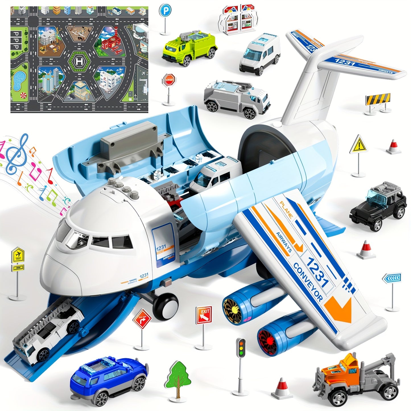 Educational Airplane with Steam Lights and 4 Cars in Yellow - Colorful Box Set