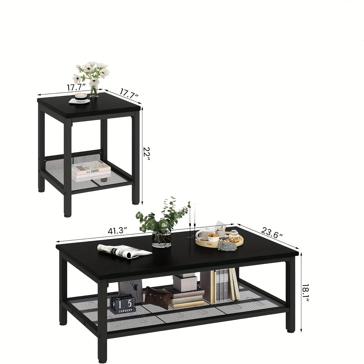 Industrial Coffee Table, Coffee Table Set Of 3 with 2 Square End Side Tables, Faux Marble Coffee Table with Metal Frame for Apartment Home Office, White Black