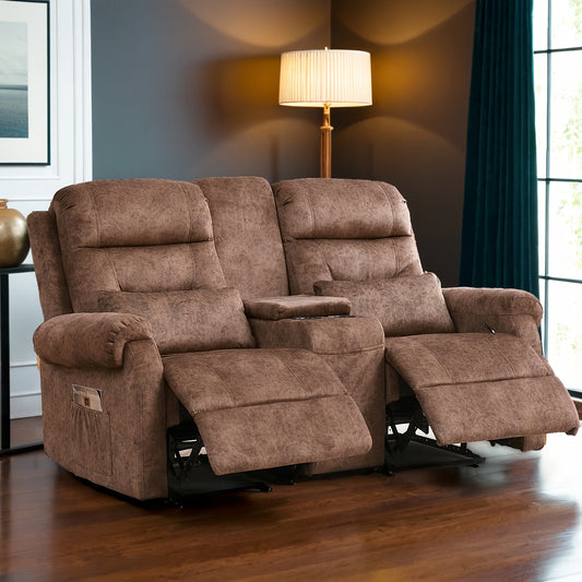 Manual RV Loveseat Recliner | Brown Velvet Cushion-back Sofa with Console, Cup Holders, Pockets for Living Room and Home Theater Seating, Metal Frame, Contemporary Style by VUYUYU