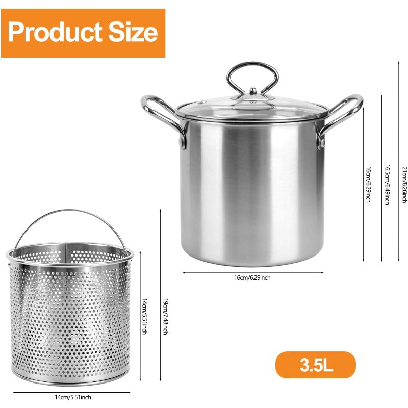118.35oz Stainless Steel Deep Fryer Pot with Lid & Basket - Heavy-Duty Commercial/Residential Large Frying Pan, Oil Drip Drainer System, Sturdy Handle for Kitchen, Restaurant, Party, Picnic - No Required