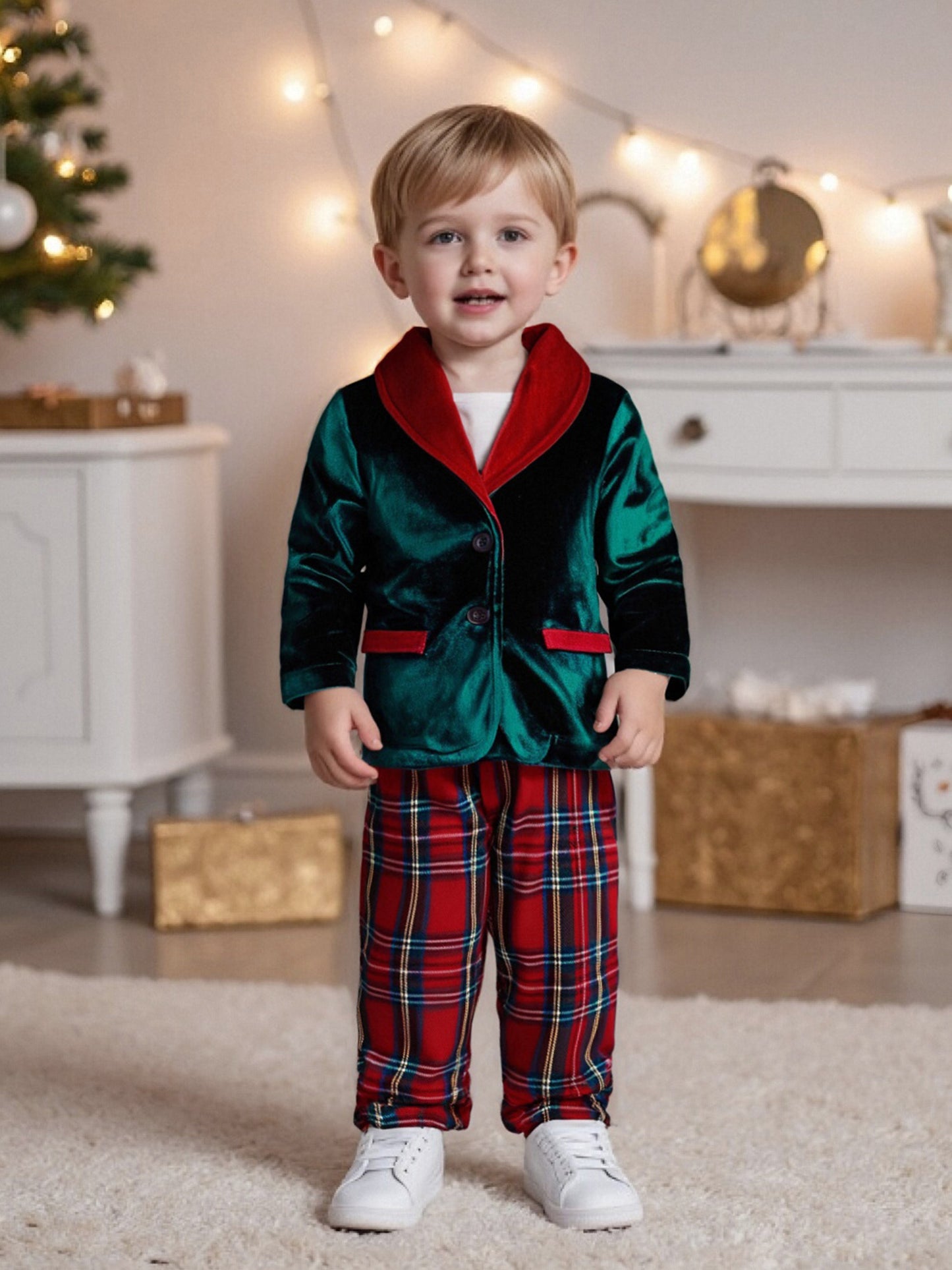 Toddler Infant Baby Boy Christmas Outfit Button up Long Sleeve Jacket and Elastic Plaid Pants 2pcs, Simple Fashion Fall Clothes for 1-4 Years, Perfect for Christmas Parties, Family Photos, Holiday Gatherings Cool Days, Perfec