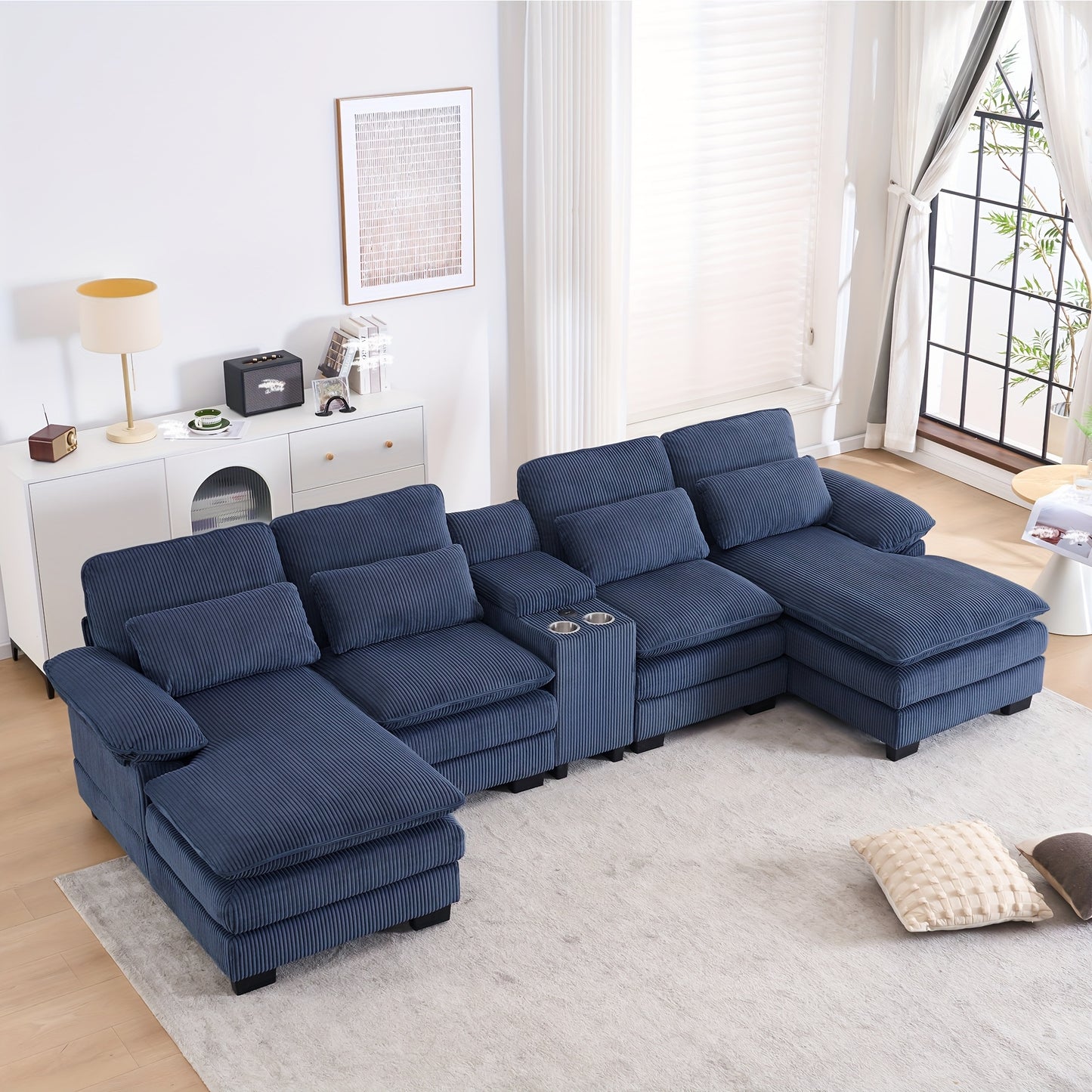 Living Room Comfort Combo Sofa, U-Shaped Cloud Sofa Combination Sofa, Modern Corduroy Modular Sofa with Recliner, Console Cup Holder