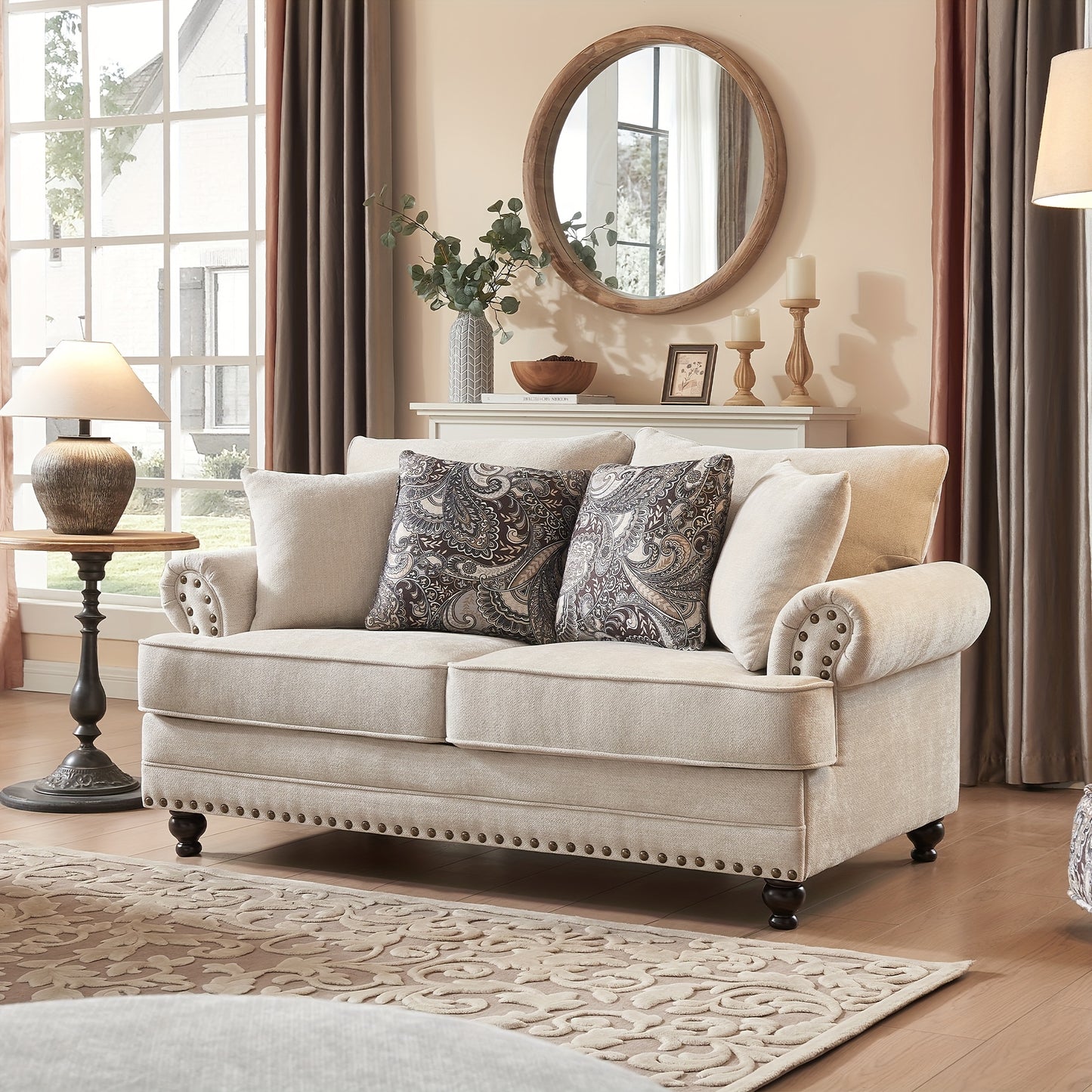 Modern Farmhouse Loveseat And Sofa Set, Chenille Upholstered Couches with Nailhead Trim, Wooden Legs, 9 Accent Pillows, Comfy Sleeper for Living Room