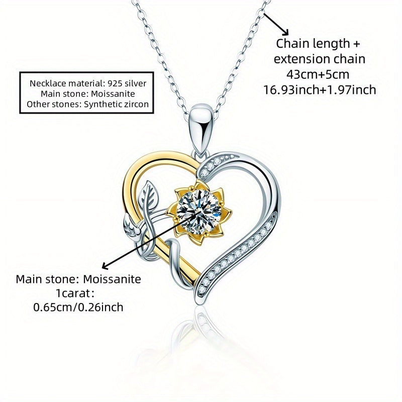 S925 Silvery 1 Carat Four-Claw Round Moissanite Fashionable Romantic Sunflower Heart-Shaped Women'S Pendant Necklace Clavicle Chain, Suitable for Daily Wear And Valentine'S Day Birthday Anniversary Gift for Mother And Friends