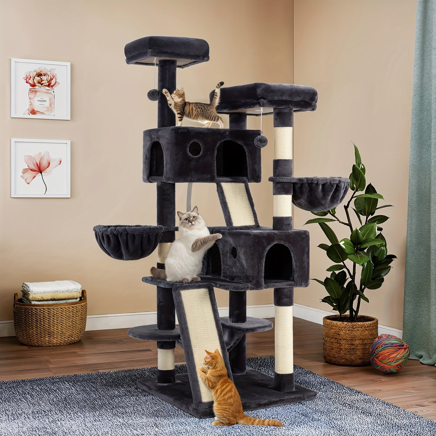 WEEWAY Multi-Level Cat Tree Tower for Indoor Cats - Modern Space-Saving design with Scratching Posts, Plush Perches, Hanging Platforms, Entryways - Sturdy Construction for Climbing, Scratching, Resting - Ideal Gift for Kittie