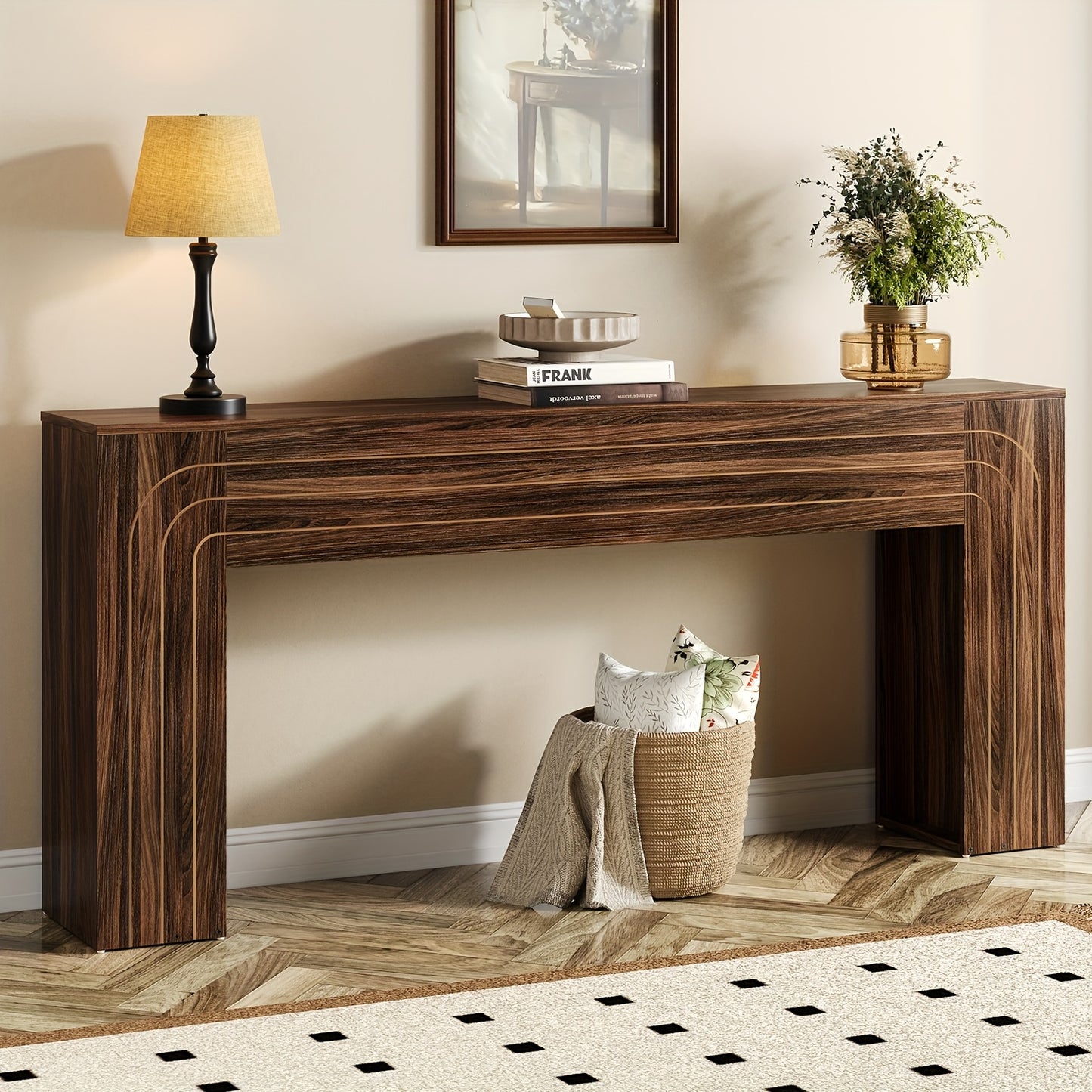 70.9" Modern Farmhouse Console Table Narrow Entryway Table with Handcrafted Line Design - Wood Grain MDF/ Sofa Table Suitable for Hallway, Living Room, Behind Couch - Space-Saving Assembly-Friendly Furniture
