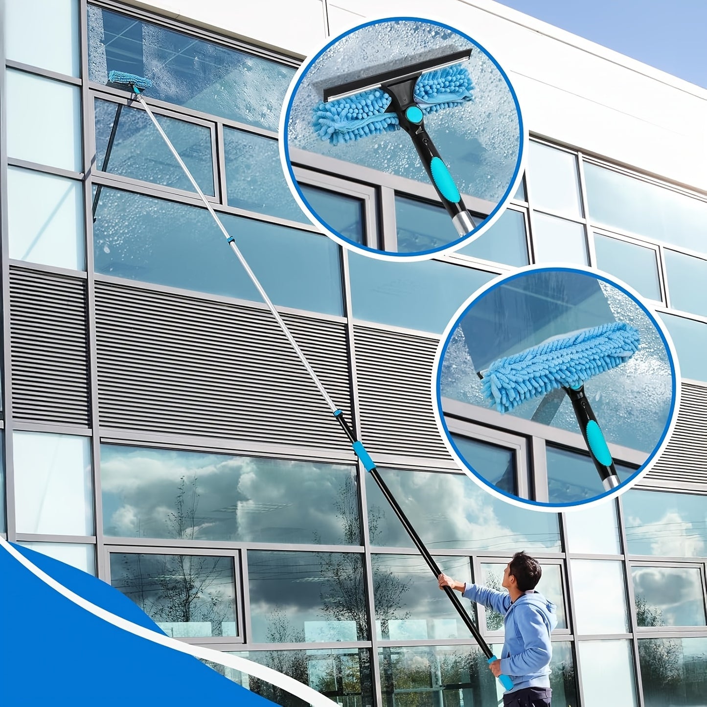 Professional-Grade Adjustable 5-12ft Window Washing Kit with Telescopic Pole & Heavy-Duty Alloy High Reach Window Cleaner Tool - 2-in-1 Squeegee for Indoor/Outdoor Use, for, Commercial & Multi- (Available 365 Days)