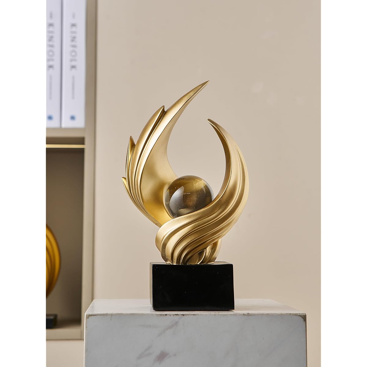 10.43in Tall Modern Abstract Golden Flame Sculpture Statue with Glass Ball Center - Luxury Resin Figurine for home Decor, Wedding Centerpiece, Tabletop or Bookshelf Display - Elegant Golden, Wedding & for hocal Art Piece