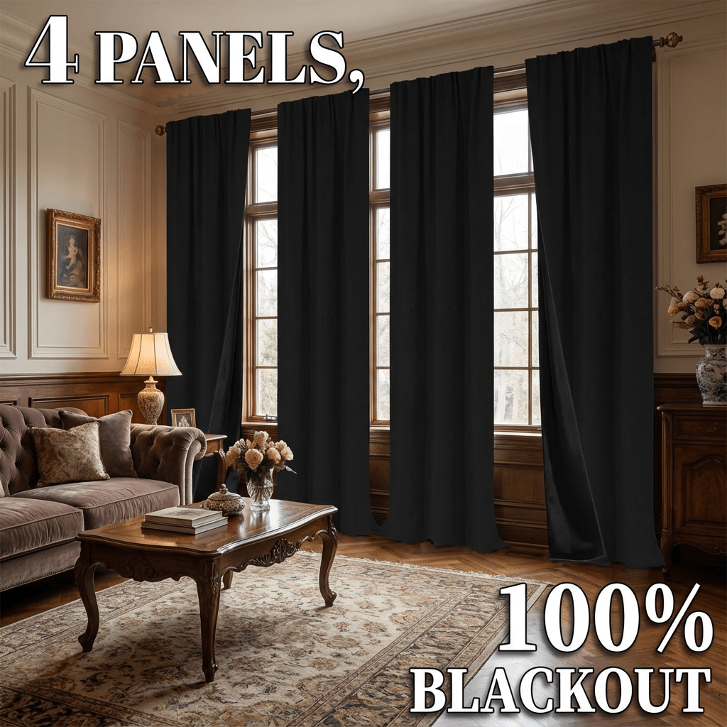 4 Panels Rod Pocket Blackout Curtains | 100% Light Blocking, Thermal and Protection, Privacy-Enhancing for All Rooms, Polyester, Modern Style