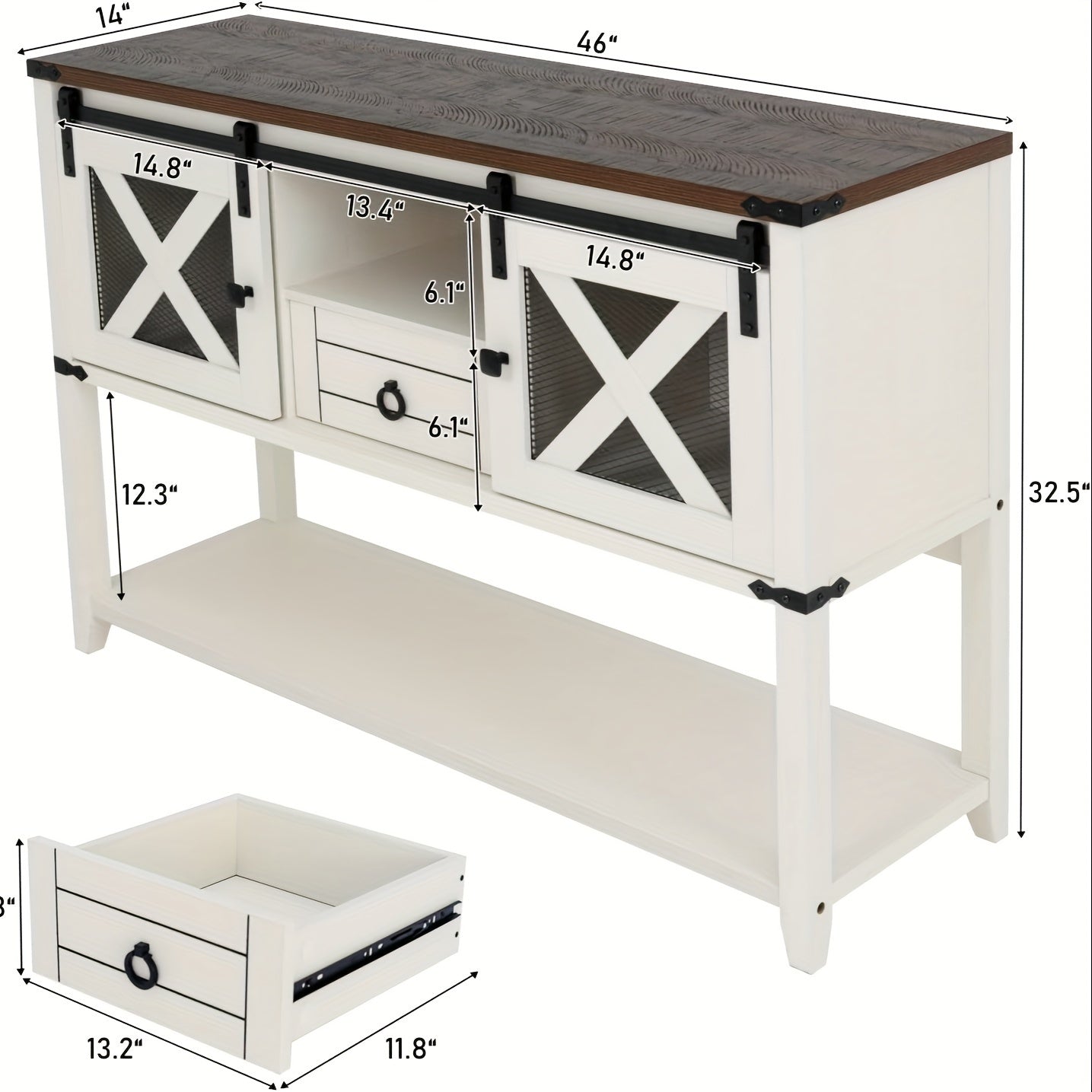Farmhouse Entryway Table with 2 Sliding Barn Doors & Drawer, 46'' Rustic Console Table with Storage, Open Shelf Space, Industrial Sofa Table for Living Room, Entryway, Hallway,