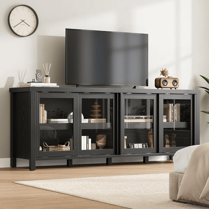 65 Inch TV Stand with Sliding Glass Doors - Heavy-Duty Non-Wood Entertainment Center, Modern Media Console with Storage Cabinet, Easy Assembly Living Room & Home Theater Furniture for Large TVs up to 65 Inches, Display Shelvi