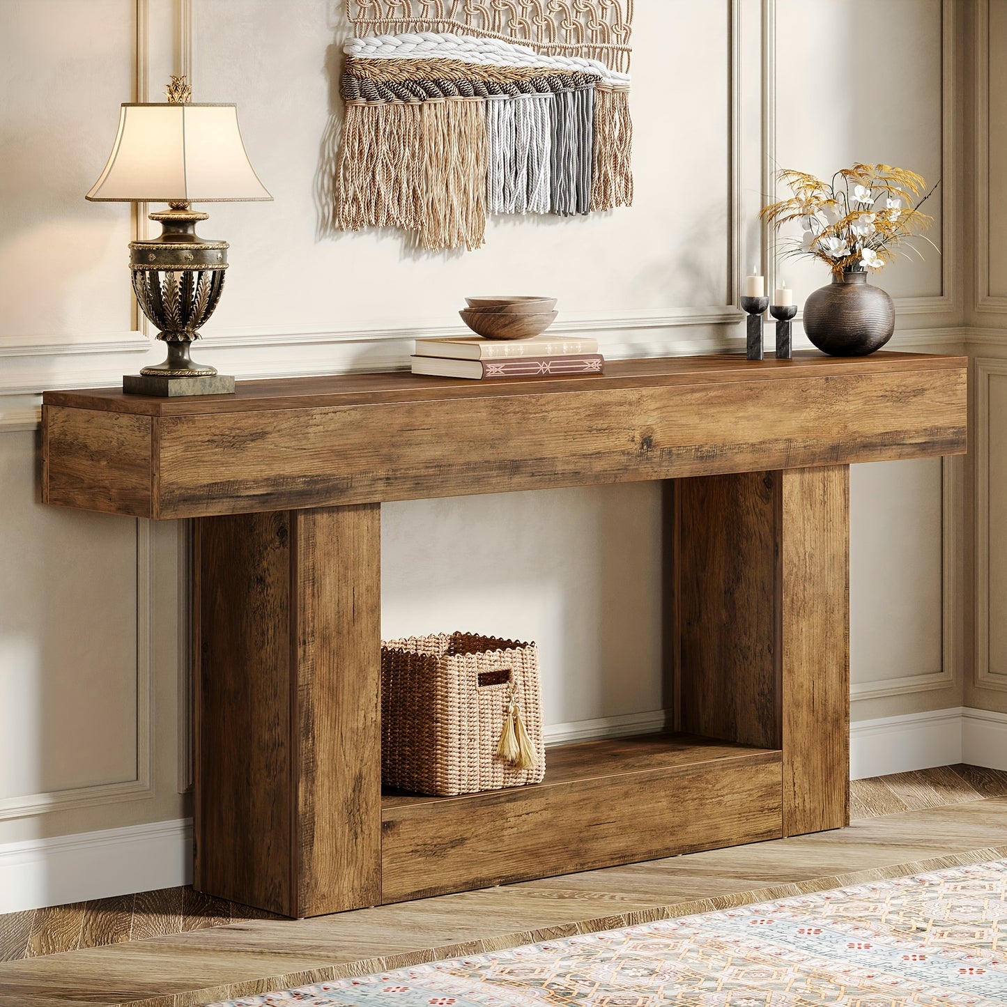 63" Modern Farmhouse Console Table with U-Shaped Base & 2-Tier Shelves - Rustic Brown & Grey Entryway Sofa Table, Engineered Wood/Particle Board, Easy Assembly, Behind Couch Table for Living Room, Hallway, Foyer