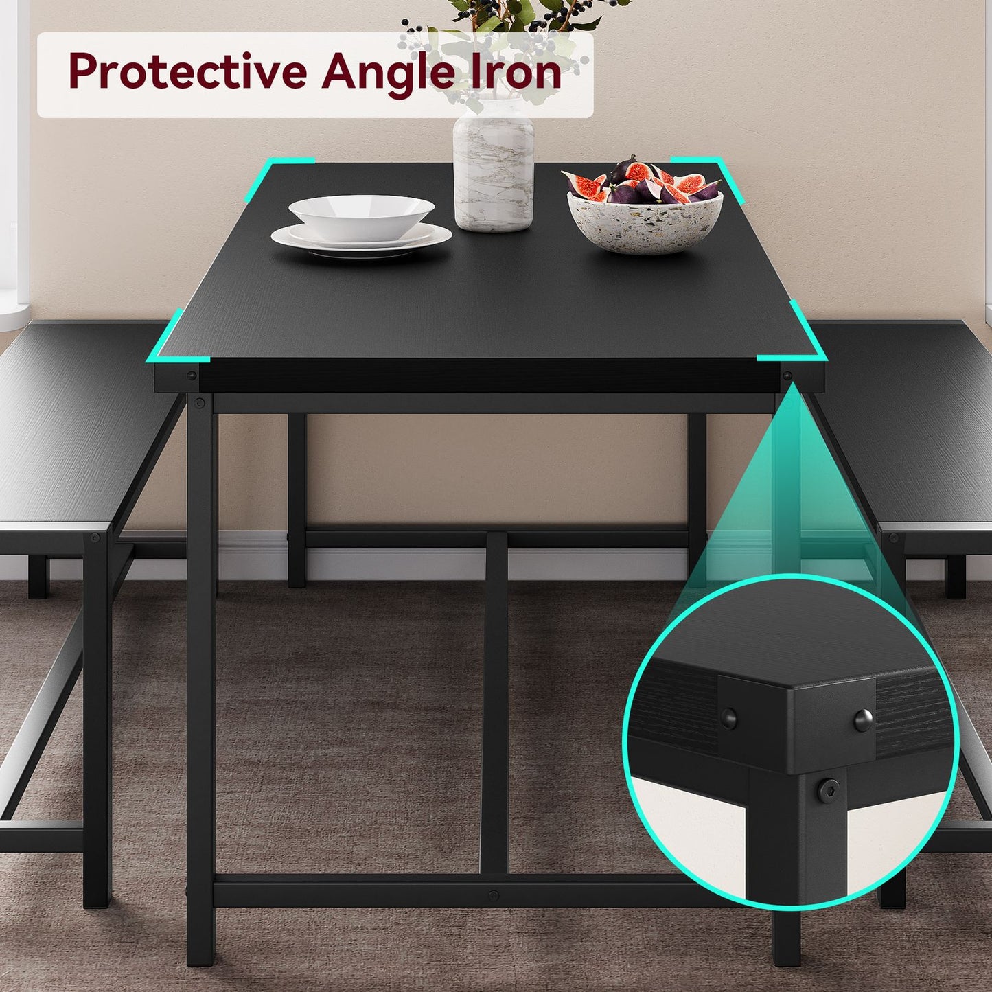 Modern Farmhouse 3pcs Dining Set for 4 with Steel Frame, Space-Saving Benches, and Tabletop, Perfect for Small Apartments and Dinette Areas, Easy Assembly, Dining Table