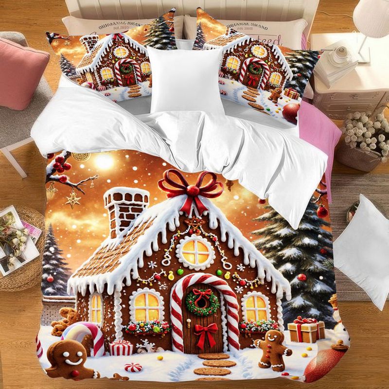 3pcs Christmas Gingerbread House Duvet Cover, Winter Holiday Bedding with Pillowcases, Xmas Snow Scene Quilt, Festive Bedroom Decor, Soft Microfiber Fabric 1 Duvet Cover+2 Pillowcases,  Holiday Theme, Cozy Winter Decor, Highq