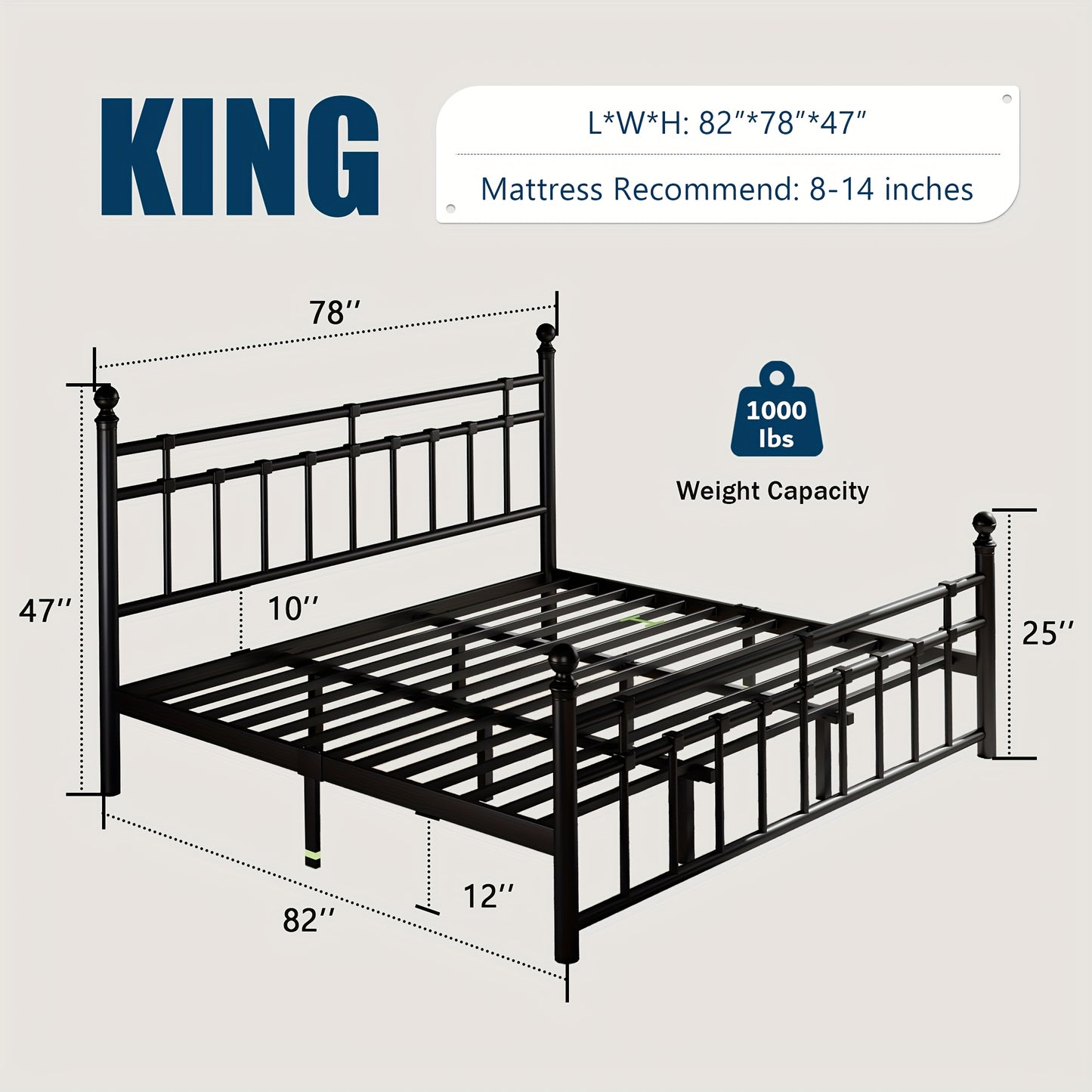 Heavy-Duty Metal Bed Frame, Platform Bed with Classic Wrought Iron-Art Headboard And Footboard, 12" Underbed Space, Easy Assembly, Black, Bed Frame Without Mattress