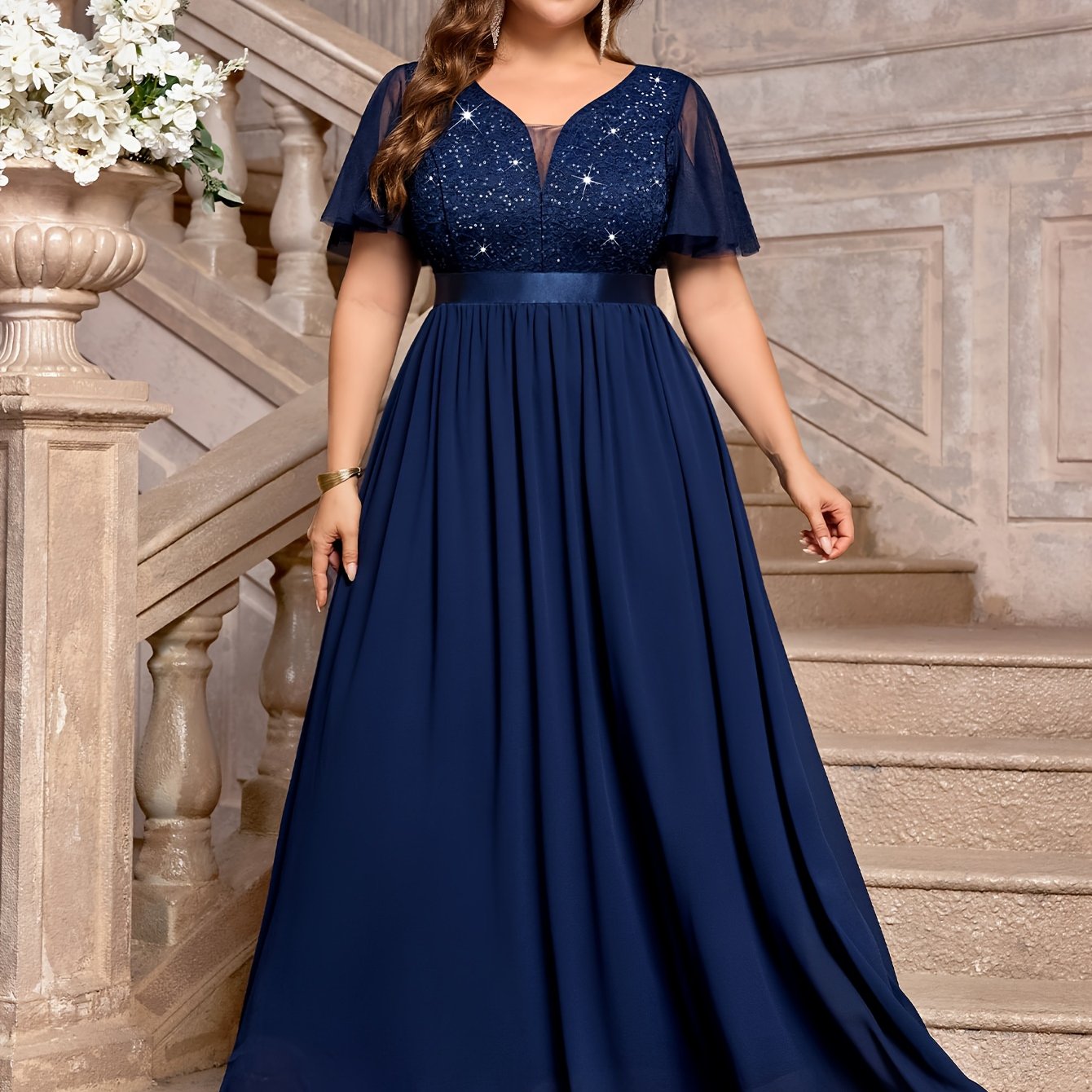 Plus Size - P54385A Elegant Plus Size Sequin Lace Bridesmaid Dress, Sweetheart Neckline With Mesh Ruffle Sleeves, Pleated Chiffon Skirt For Formal Parties, Evenings, Weddings