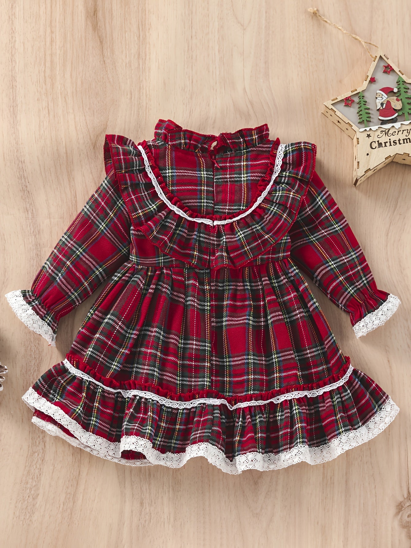 Red Green Plaid Halloween Christmas Girls Dress with High Neck And Lace Trim, Ruffled Cuffs Holiday Party Outfit