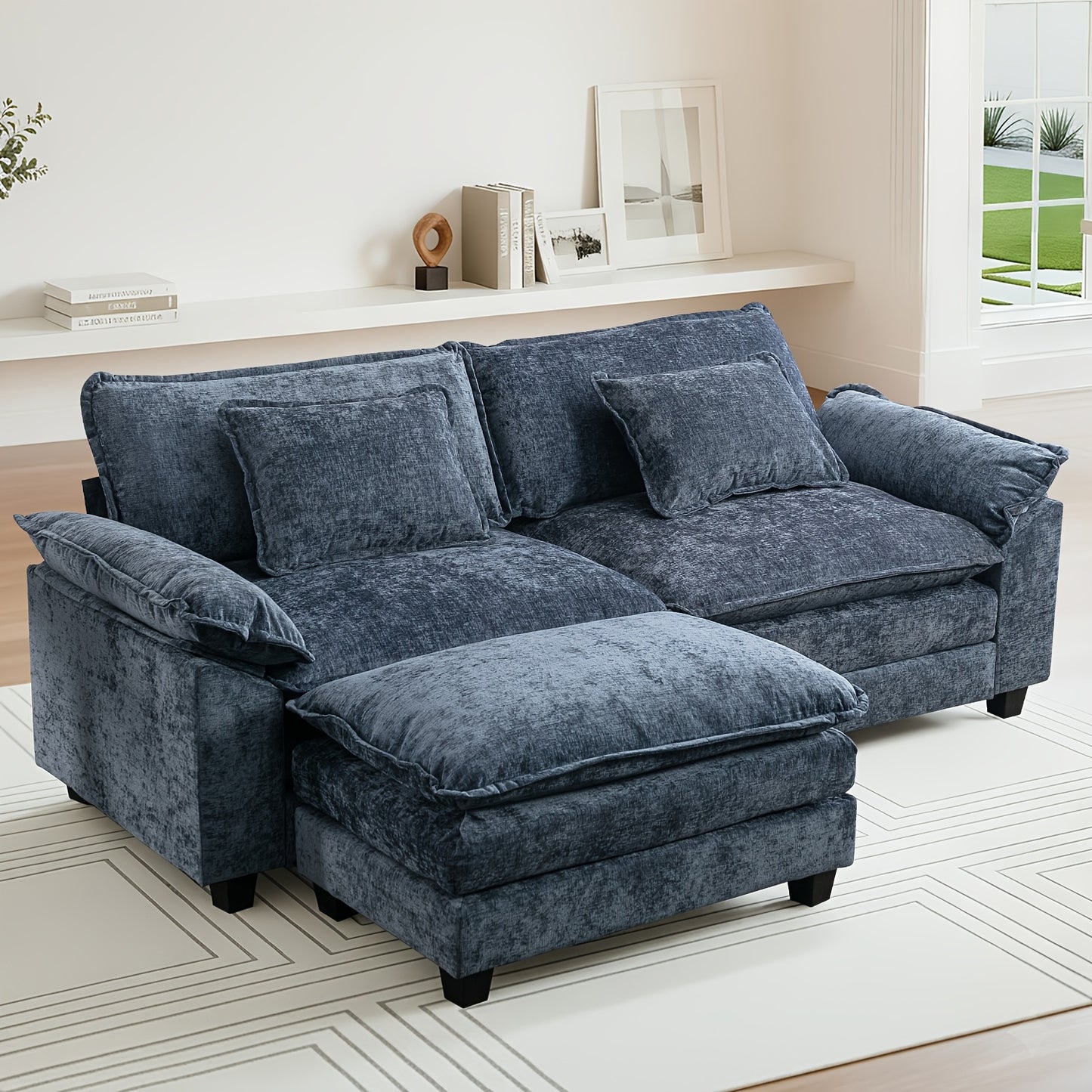 86'' Sectional Sofa, Modular Loveseat Sofa with Ottoman, Chenille Cloud Couch, Upholstered Deep Seat Sofa for Living Room, Apartment