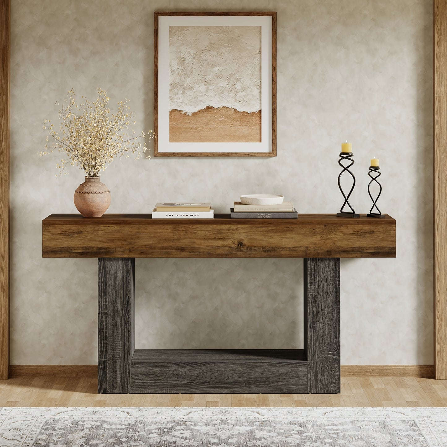 63" Narrow Long Console Table With Storage, Farmhouse 2-Tier Entryway Table With U-Shaped Base, Vintage Wood Sofa Table Behind Couch Table For Living Room, Hallway, Foyer, Rustic Brown And Grey
