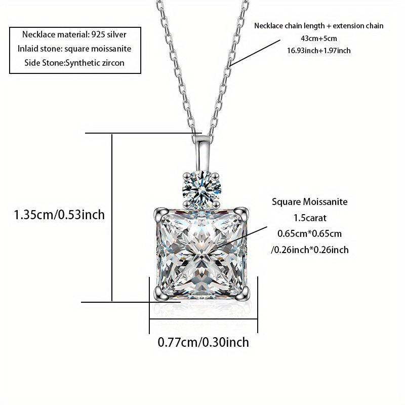 S925 Silvery 1, 5 Carat Princess Square Moissanite Necklace Clavicle Chain, Suitable for Daily Wear, Party, Gift, Date, Valentine'S Day Gift for Women, New Year Gift Jewelry, with Gift Box About 3G