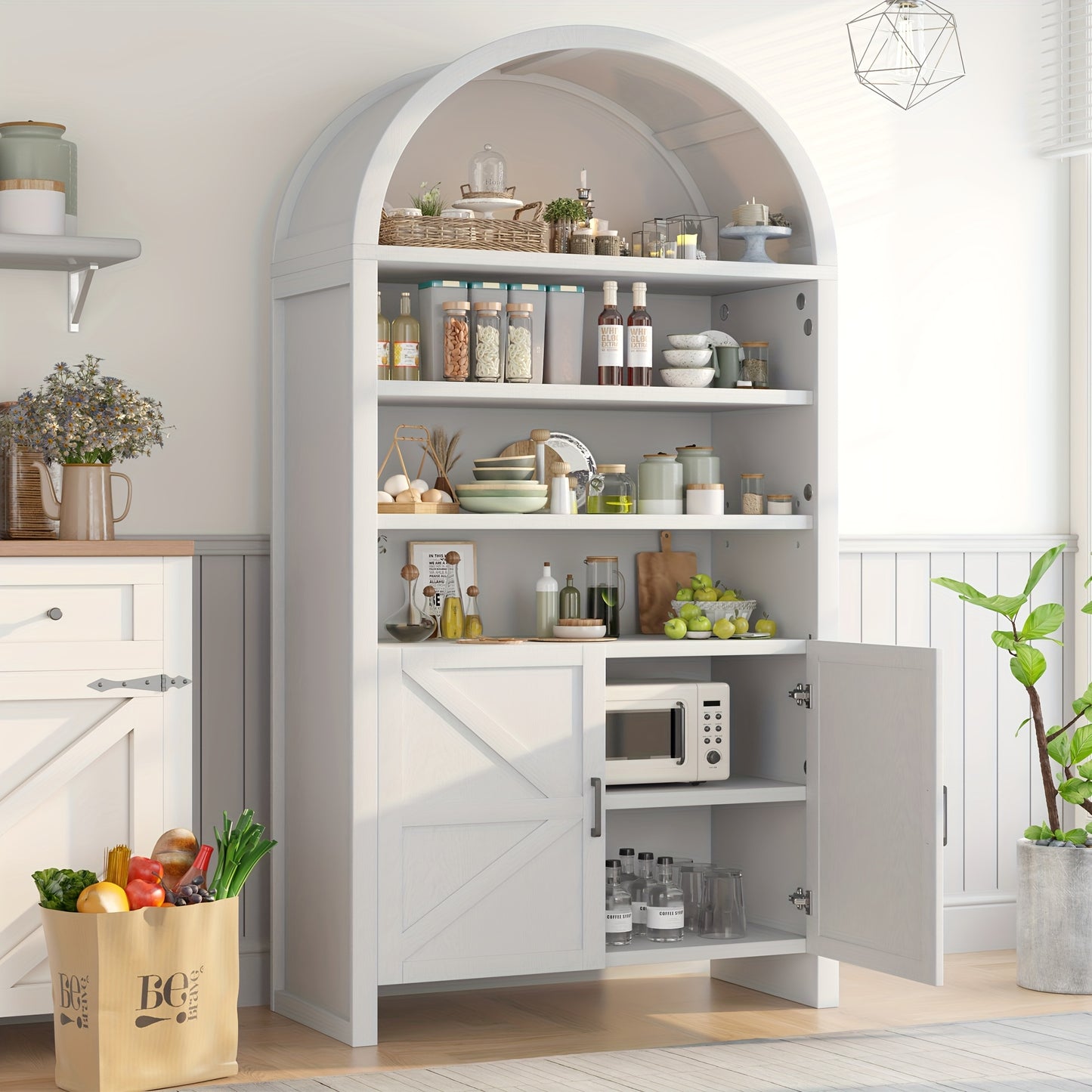 71-Inch Curved Bookshelves, a Tall Wooden Bookcase Featuring a Lower Cabinet, a Contemporary Pantry Storage Unit Suitable for The Kitchen, Living Room, Or Office