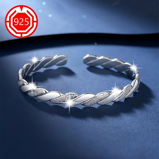925 Sterling Silvery Elegant Twisted Cuff Bracelet for Women, Hypoallergenic Open Bangle with Textured Matte Finish, Versatile Chic Jewelry for Daily Wear, Festivals, Christmas