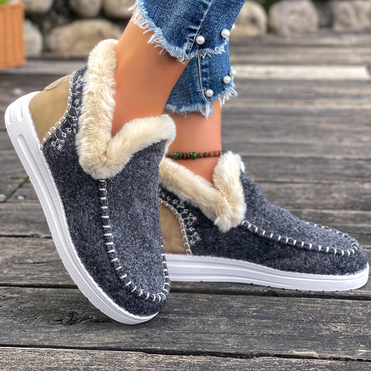 Women'S Plus Size Cozy Plush Slip-On Snow Boots with Soft Rubber Sole - Lightweight Warm Winter Boots with Cushioned Insole, Round Toe & Arch Support, Casual Outdoor Shoes for Cold Weather, Black & Brown (Canvas Lining) - Ide