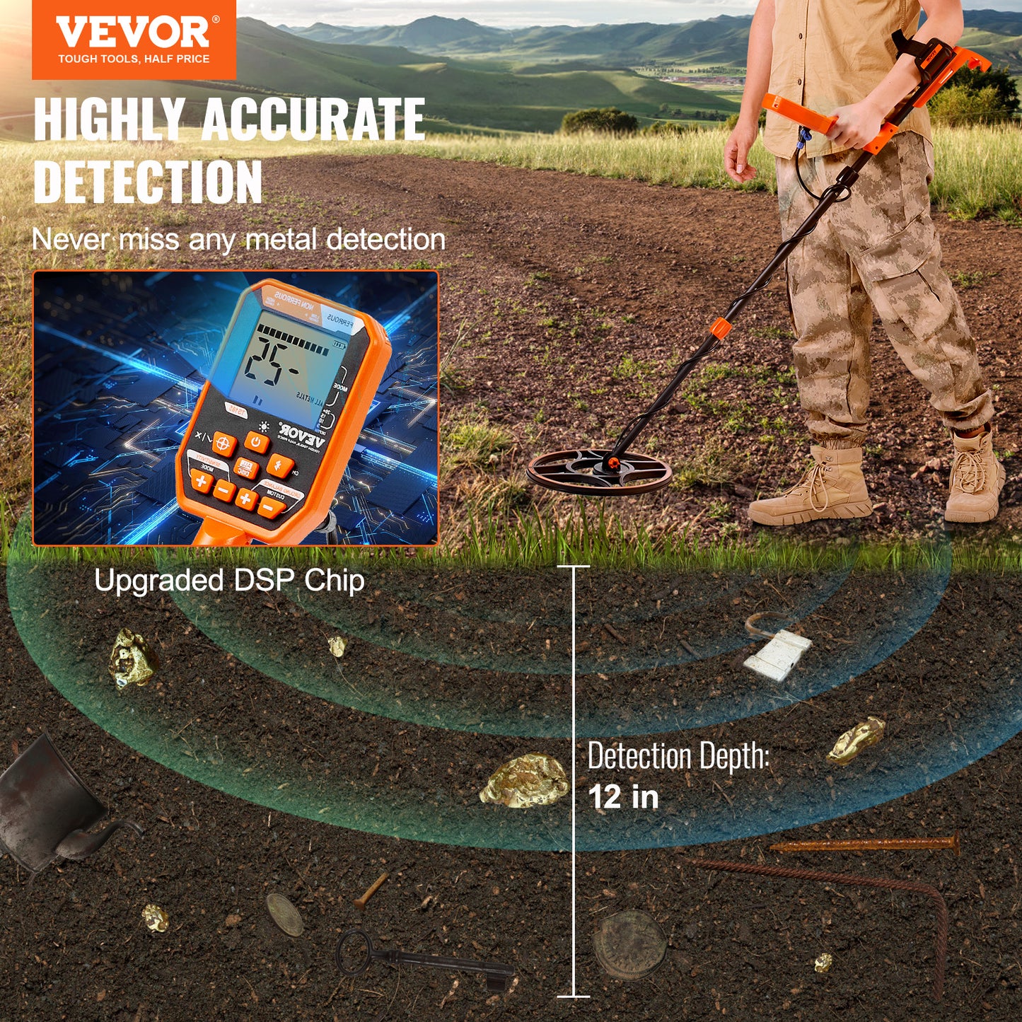 VEVOR Metal Detector, 12" Coil, Professional Rechargeable Gold Detector, 39-50 in Adjustable with LCD 7 Modes Advanced DSP Chip Bluetooth Headset, Detecting Gold Treasure Hunting