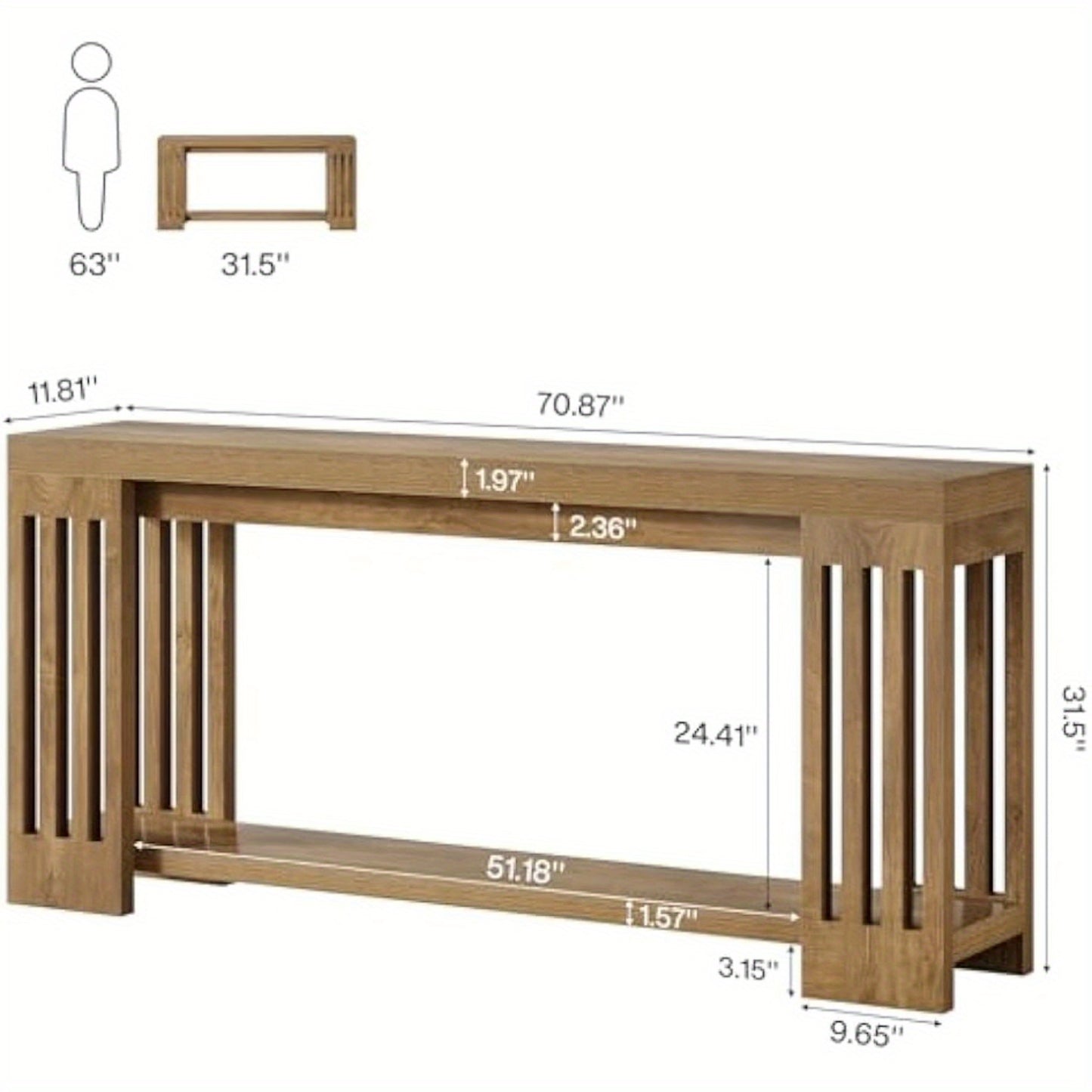 70.9" Extra Long Farmhouse Entryway Sofa Console Table with 2-Tier Storage & Vertical Stripe Legs - Light Brown Engineered Wood & Hardwood Construction, Space-Saving Modern Design for Hallway, Living Room, Entrance - Easy Ass
