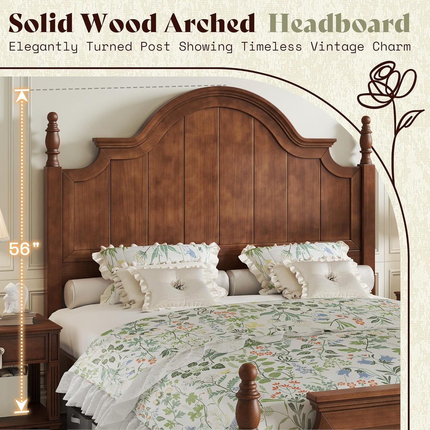 A Sturdy Wooden Bed Frame Featuring a 56-Inch Arched Headboard, This Classic Poster Bed Comes with Wooden Slats for Support, Eliminating The Need for a Box Spring And Allowing for Assembly.