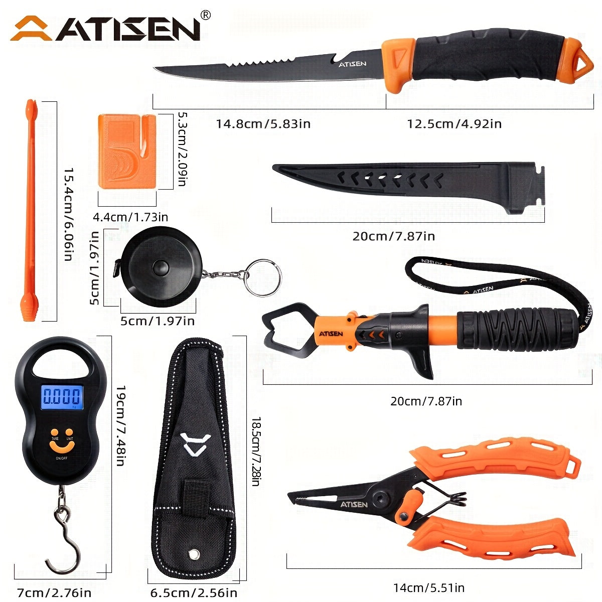 The ATISEN Professional Multifunctional Fishing Tool Set Includes Serrated Knives, an Electronic Scale, a Fish Control Device, a Hook Remover, a Sharpening Tool, And Other Additions. It'S a Must-Have for Fishing Enthusiasts,