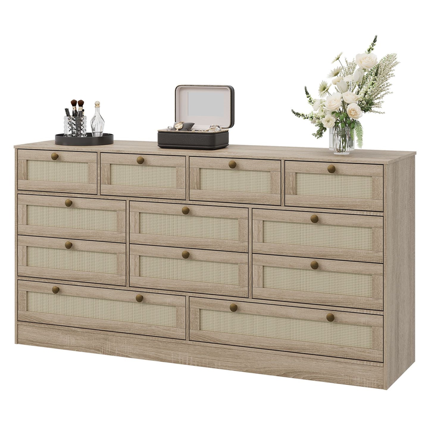 12-Drawer Chest of Drawers with Woven Rattan Design | 61.02x15.75x31.5 inch, Stylish and Spacious Hardwood Storage Cabinet for Home Room Decor, Christmas Decorations, Birthday Gifts for Women Men Friends, Contemporary Style b