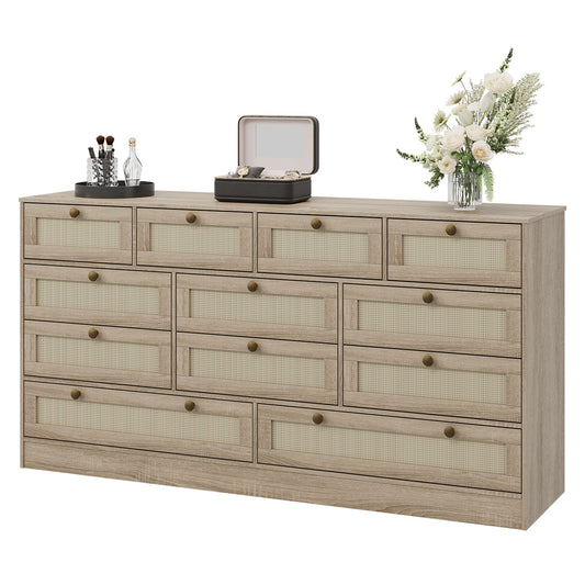 12-Drawer Chest of Drawers with Woven Rattan Design | 61.02x15.75x31.5 inch, Stylish and Spacious Hardwood Storage Cabinet for Home Room Decor, Christmas Decorations, Birthday Gifts for Women Men Friends, Contemporary Style b