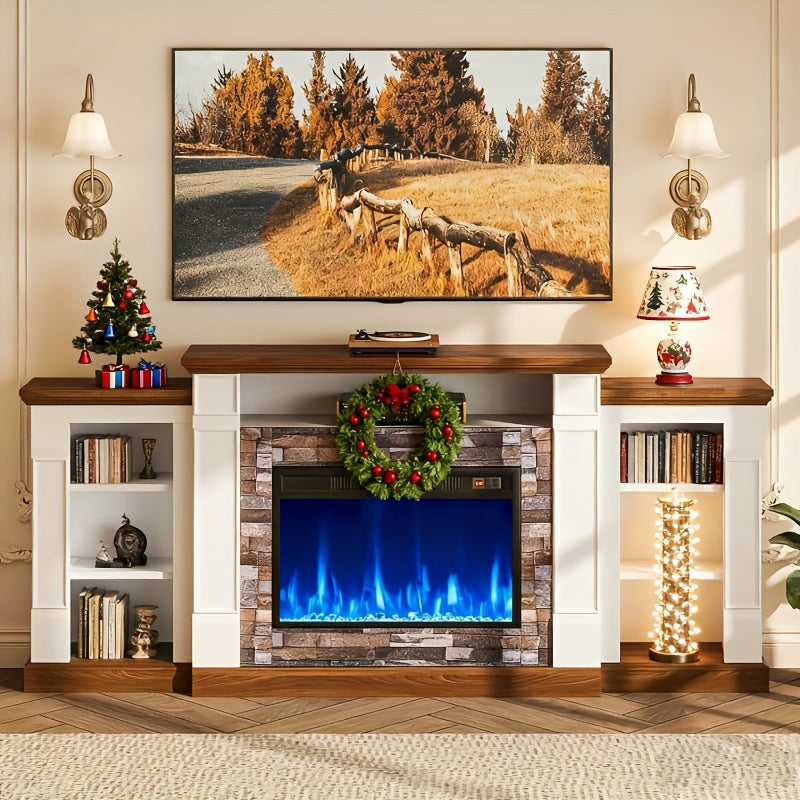 70-inch TV Stand With An Electric Fireplace And Mantel, A Contemporary Entertainment Unit Offering Open Storage, Remote Control, Adjustable Flames, And LED Lighting, Suitable For Living Rooms And Bedrooms And An Excellent New