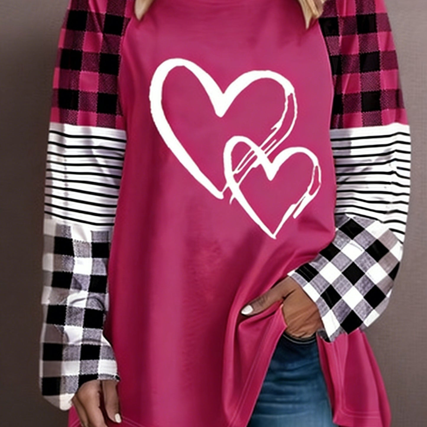 Plus Size - Plus Size - A Women'S Casual Long-Sleeve T-Shirt Featuring a Heart-Shaped Design, Made from Fabric, with a Round Neck Style, Part of The Autumn And Winter Collection, Available in Large Loose Sizes from 0XL to 9XL