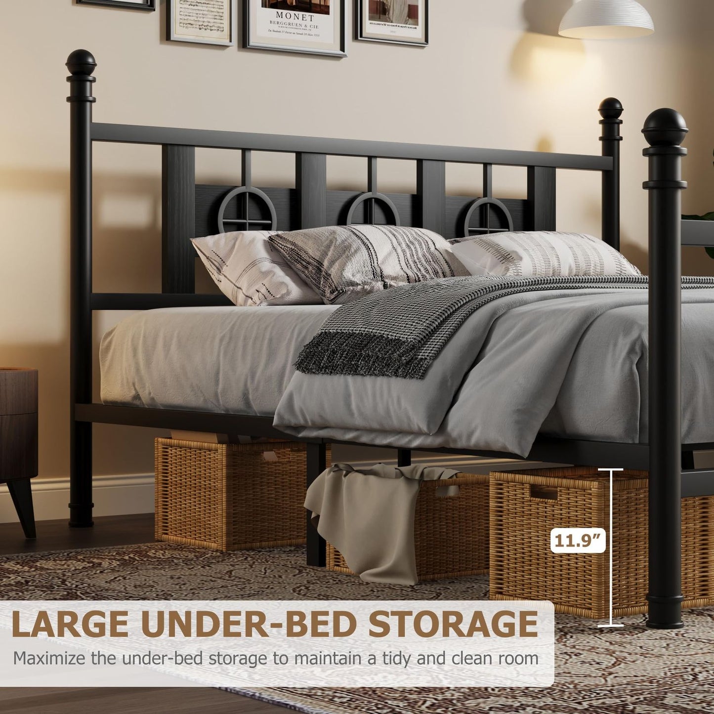 Bed Frame with Headboard and Footboard, Metal Twin Bed Frame with Vintage Circular Design & Storage Space Under Bed, No Box Spring Required, Easy Assembly, Noise-Free