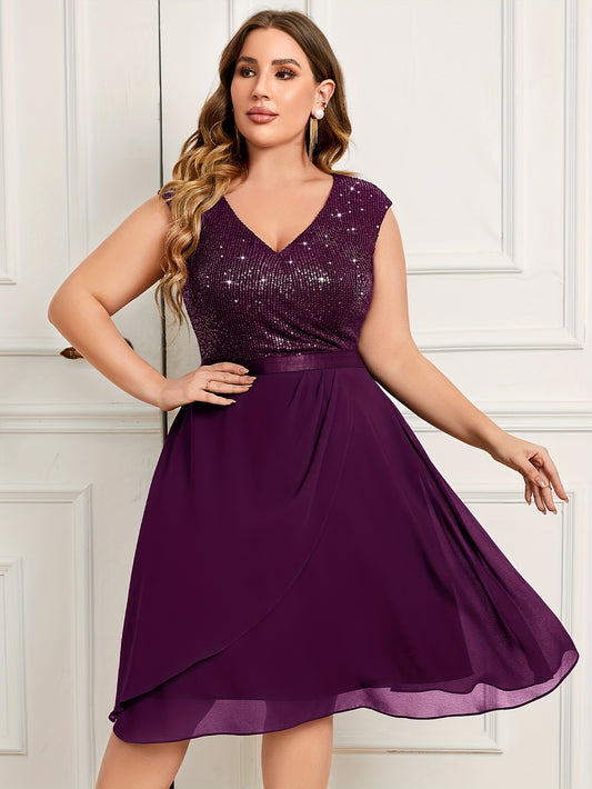 Plus Size - P82012 Elegant Plus Size Women'S Sequin Bridesmaid Dress, V-Neck Sleeveless, Waist Cinching With Ruffle Chiffon Knee-Length Hem, Perfect For Weddings, Evenings, Parties