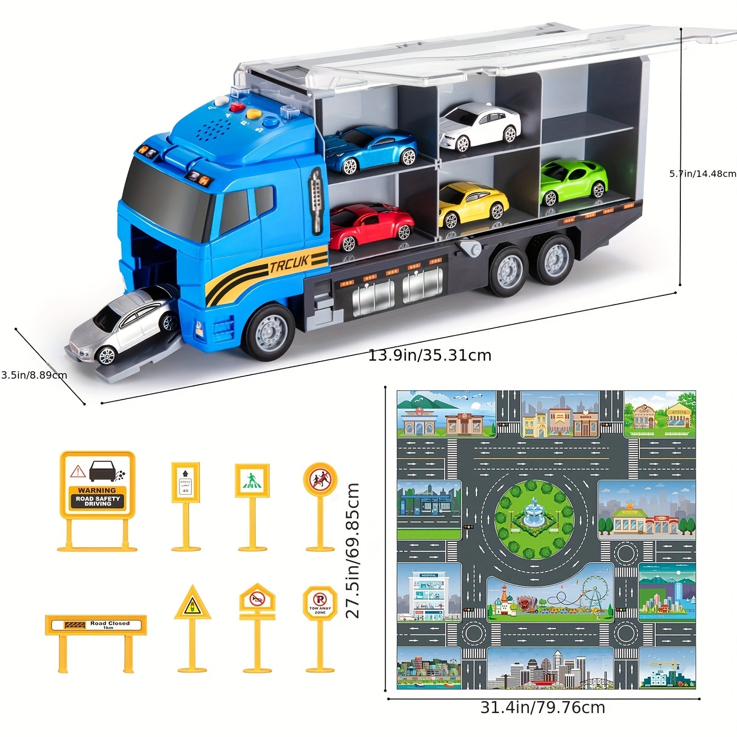 Die-Cast Metal Fire Truck Toy Set with Play Mat - Red & Black Carrier Truck, 4 Fire Engines, 2 Ladder Trucks, and 2 Rescue Vehicles - Perfect Christmas or Birthday Gift for Boys & Girls Ages 3-6, Fire Truck Toy, Playful Desig