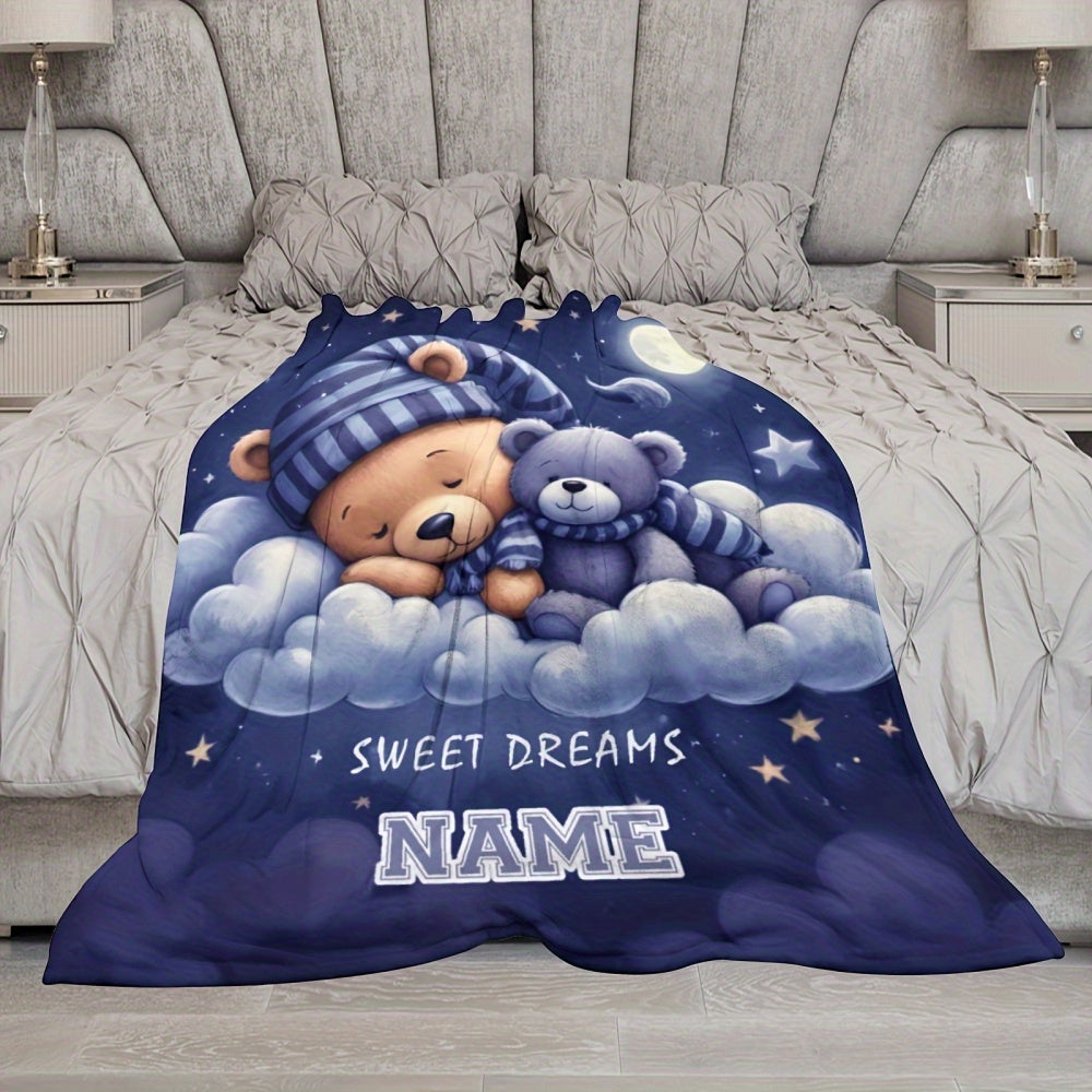 1pc[Personalized Bear Blanket] Soft, Lightweight Personalized Bear Themed Patterned Blanket with Customized Name| Suitable for Sofas, Beds, Outdoor| Perfect Birthday And Holiday