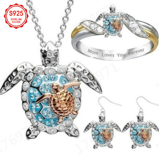 EJG Women'S Turtle Jewelry Set 925 Sterling Silver Moissanite Necklace Earrings Ring Beach Style Vacation Everyday Layered Dainty Gift for Her, Jewelry for Women Set High Quality, Set Jewelry for Women, Holiday Accessory, Gif